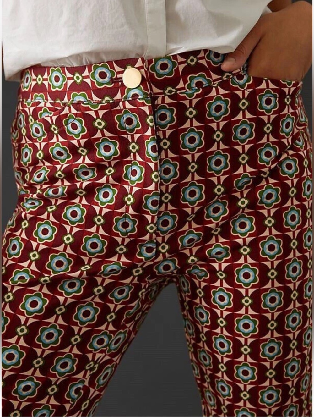 Maeve Anthropologie Mid Rise Flare Stretch Pants Geometric Retro 70s Size 8